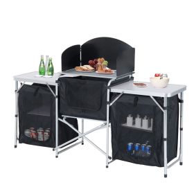 Outsunny Aluminum Portable Camping Kitchen Fold-Up Cooking Table With Windscreen and 3 Enclosed Cupboards for BBQ, Party, Picnics, Backyards